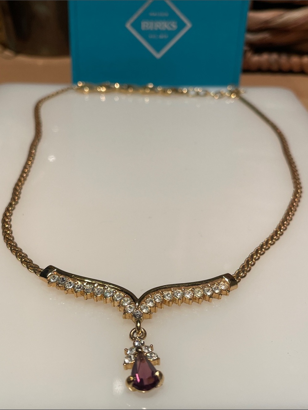 Vintage D’Orlan Gold-Tone Crystal Necklace with Purple Teardrop Pendant
